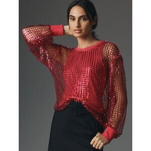 Anthropologie Pilcro Sheer Net Raspberry Pink Sequin Long Sleeve Top NWT